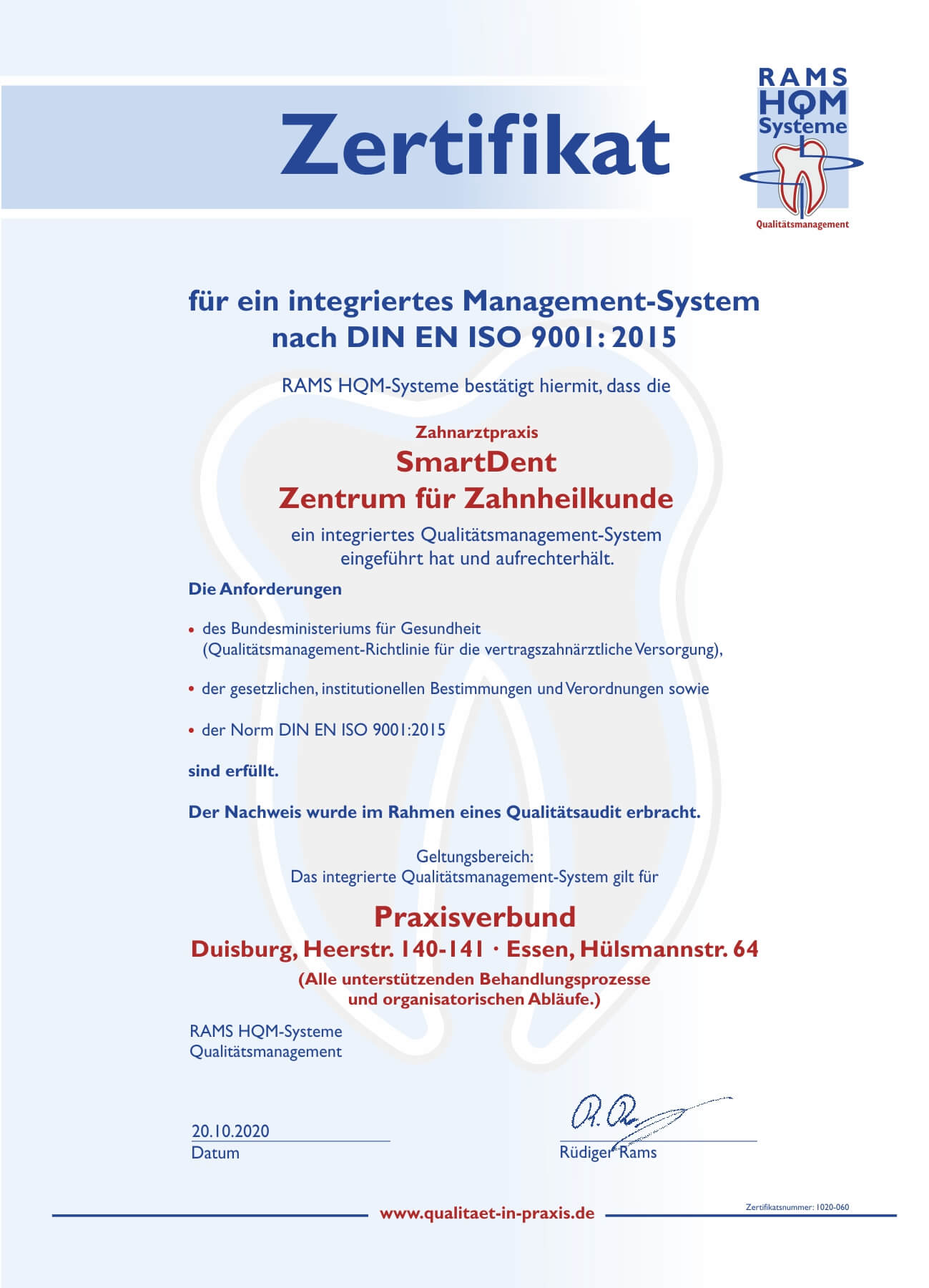 RAMS HQM Systeme - Zertifikat für ein integriertes Management-System nach DIN EN ISO 9001:2015